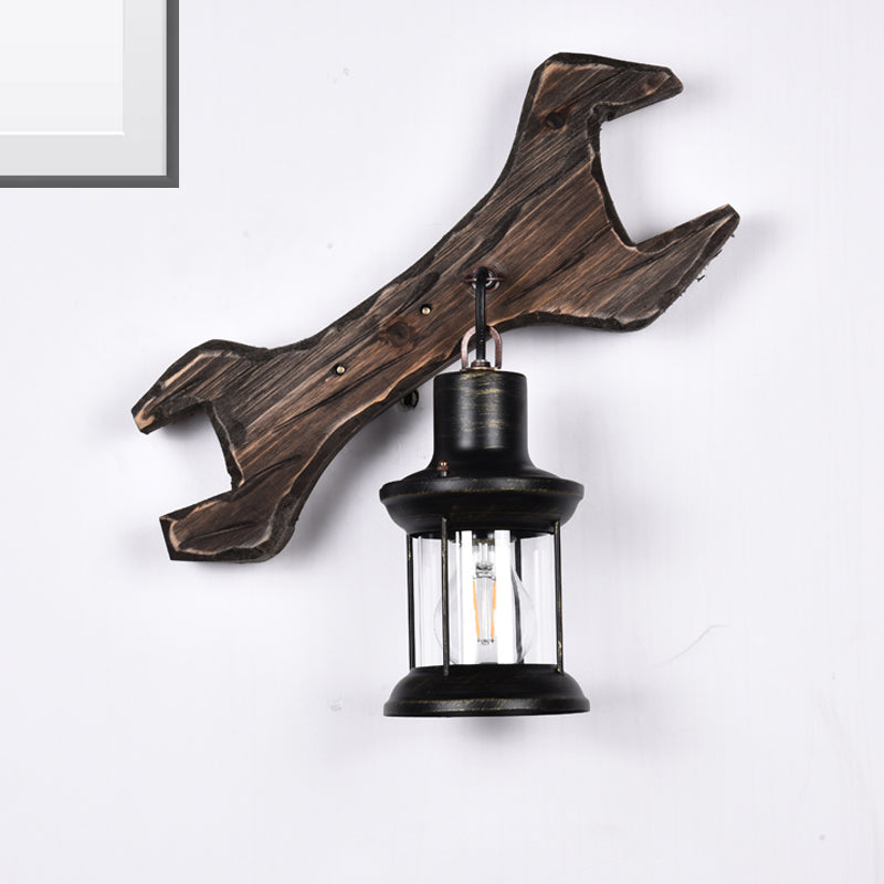 Lantern Bedroom Wall Light Sconce Wood 1 Light Industrial Aged Bronze Wall Lamp Fixture with Tool Backplate