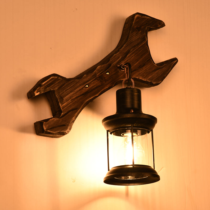 Lantern Bedroom Wall Light Sconce Wood 1 Light Industrial Aged Bronze Wall Lamp Fixture with Tool Backplate