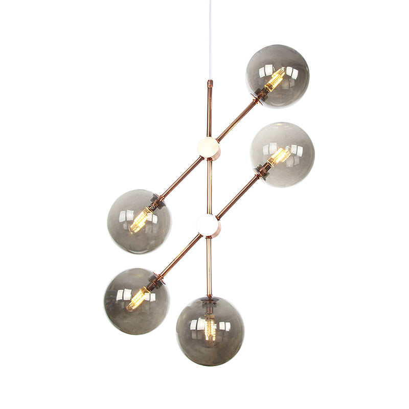 Lampe de plafond suspendue moderniste Amber / fumée de verre gris 5 bulbes de salon LED Chandelier
