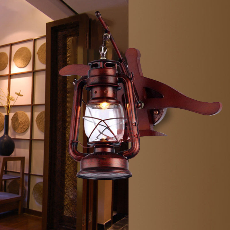 Farmhouse Lantern Shade Sconce Fixture Wrought Iron 1 Light Hallway Wall Sconce Lamp in Weathered Copper