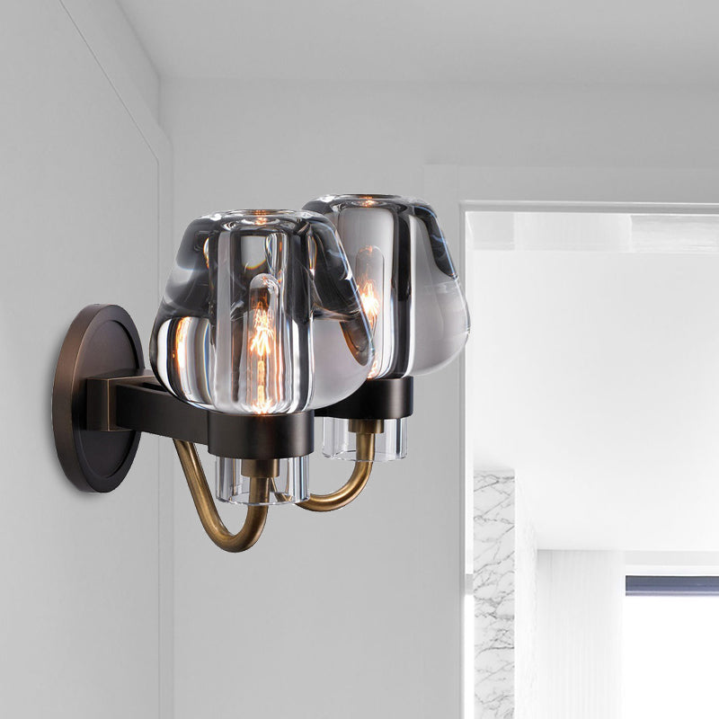 Tapered K9 Crystal Wall Lamp Retro 1/2 Heads Indoor Wall Light Fixture in Brass with Metal Curved Arm