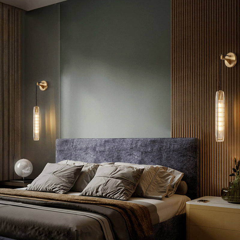 Modern Luxury Single Hanging Wall Lamp Copper Cylindroid Wall Light with Crystal Shade