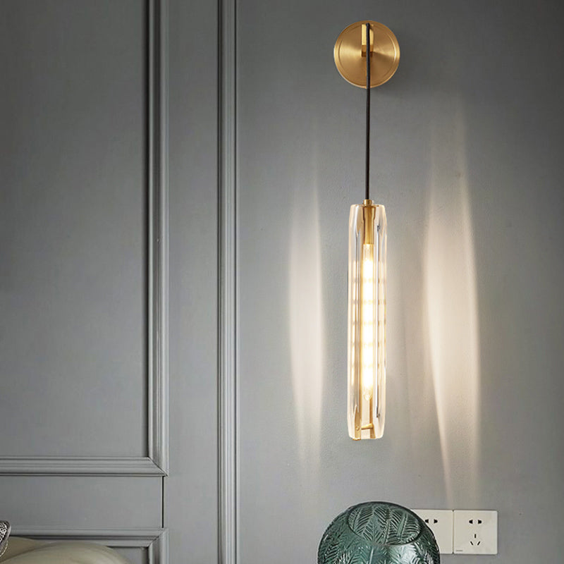 Modern Luxury Single Hanging Wall Lamp Copper Cylindroid Wall Light with Crystal Shade