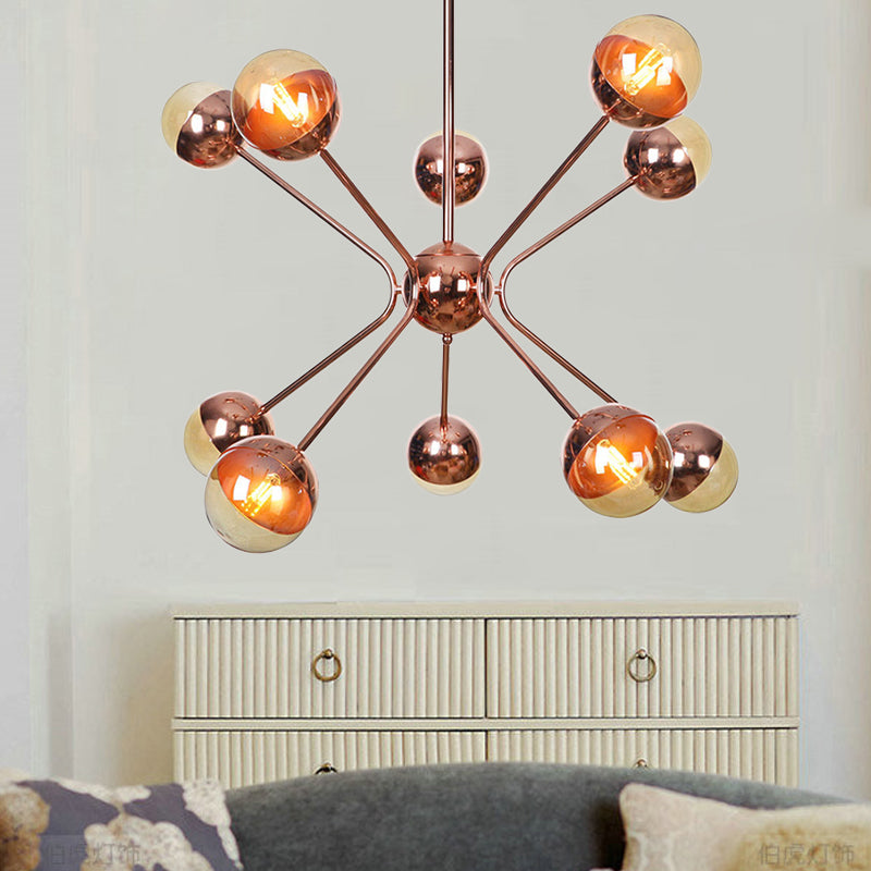 Modernist 12 Heads Chandelier Rose Gold Sphere Hanging Ceiling Light with Amber Glass Shade