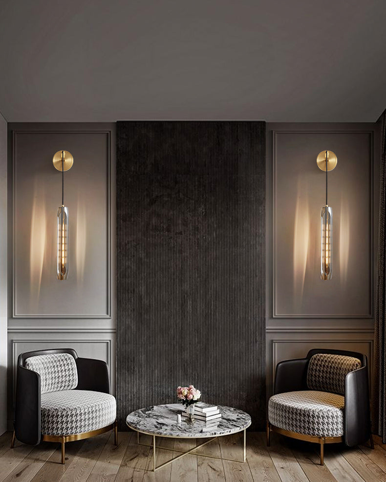 Modern Luxury Single Hanging Wall Lamp Copper Cylindroid Wall Light with Crystal Shade