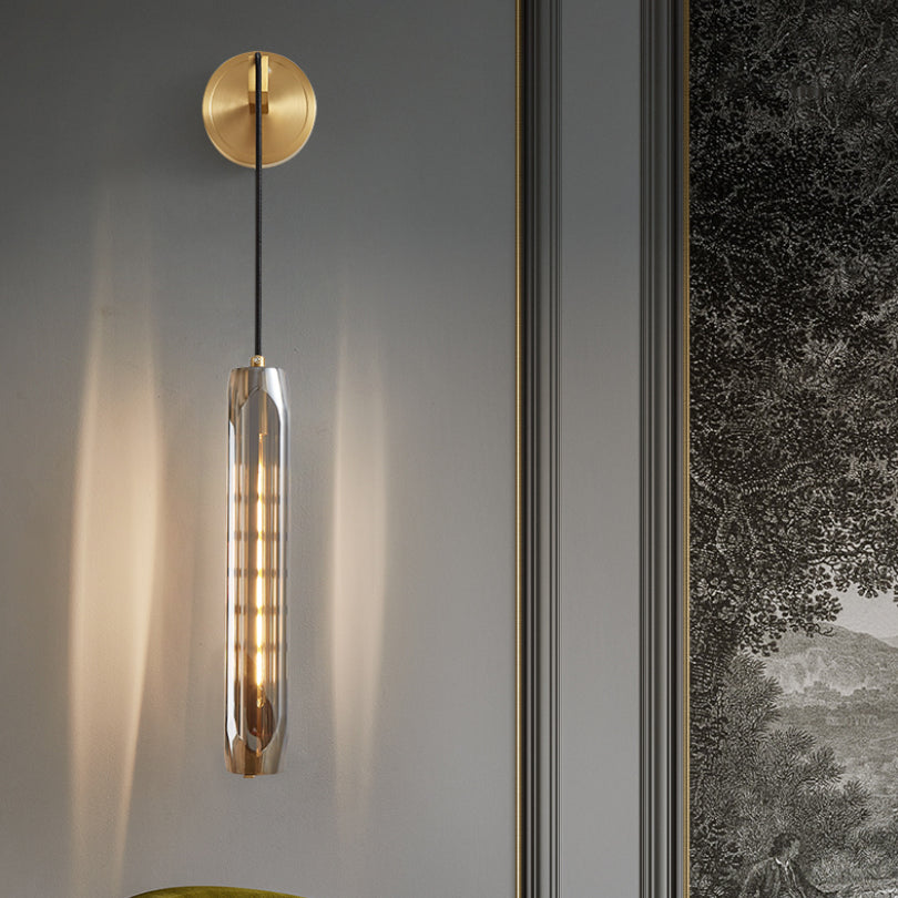 Modern Luxury Single Hanging Wall Lamp Copper Cylindroid Wall Light with Crystal Shade