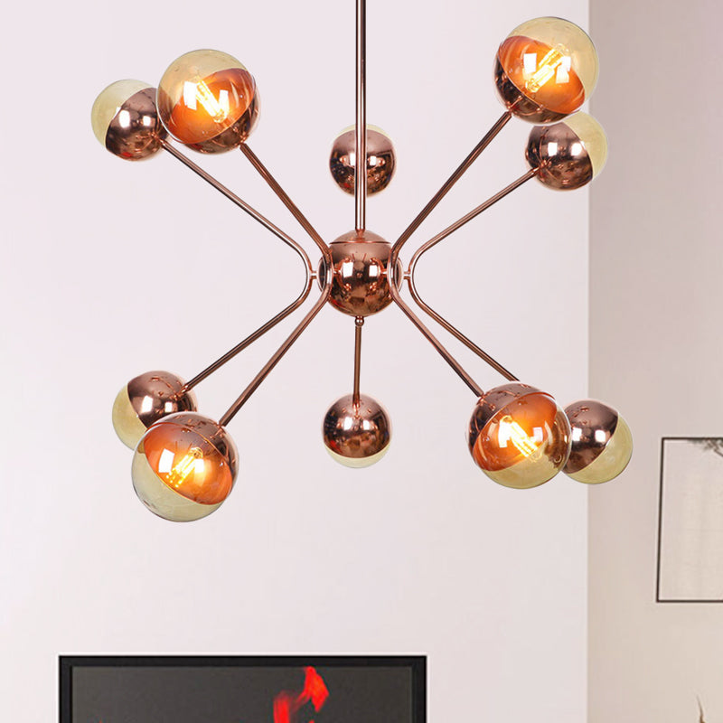 Modernist 12 Heads Chandelier Rose Gold Sphere Hanging Ceiling Light with Amber Glass Shade