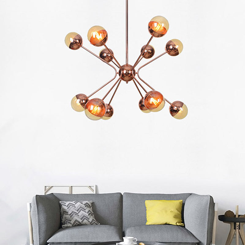 Moderniste 12 têtes Chandelier Rose Gold Sphere plafond suspendu avec une teinte en verre ambre