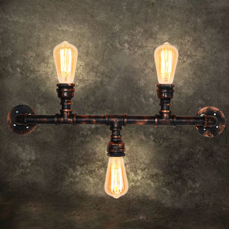 Metal Exposed Wall Light Fixture Industrial Style 3 Heads Weathered Copper Wall Sconce Lamp with Water Pipe