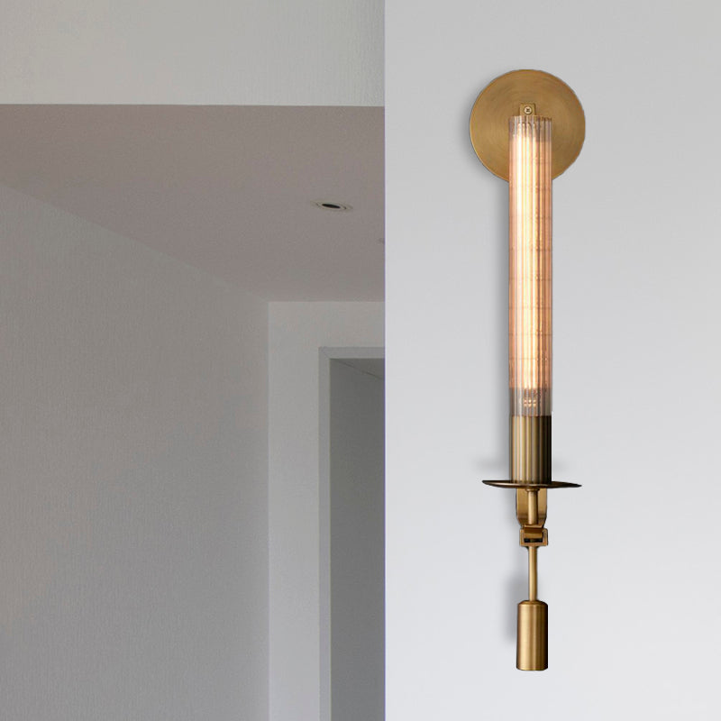 Traditional Cylindrical Wall Lamp Single Head Prismatic Glass LED Wall Mount Light Fixture in Brass for Bathroom