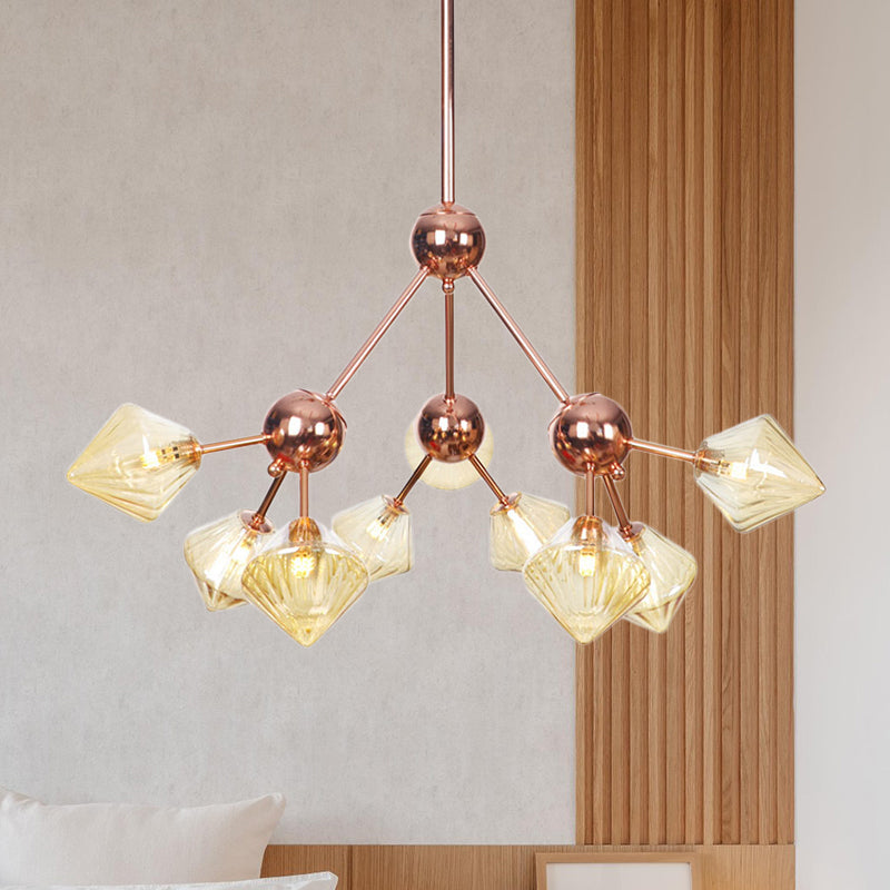 Amber Glass Diamond Hanging Chandelier Modernism 9 Bulbs Rose Gold Pendant Light Fixture