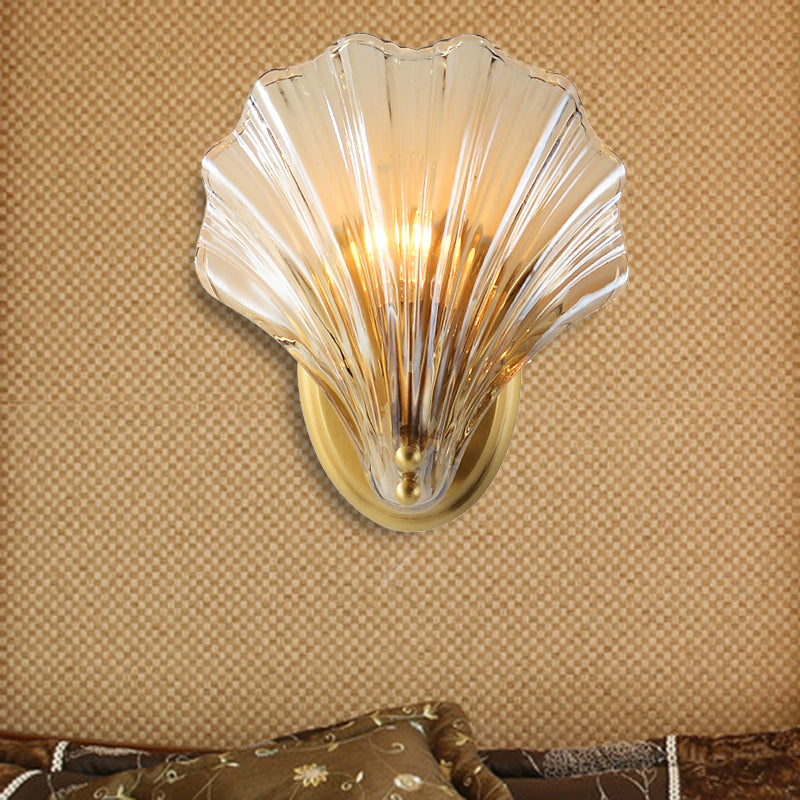 1 Bulb Wall Mount Light Traditionalist Bedroom LED Wall Sconce Lighting with Shell Clear Glass Shade