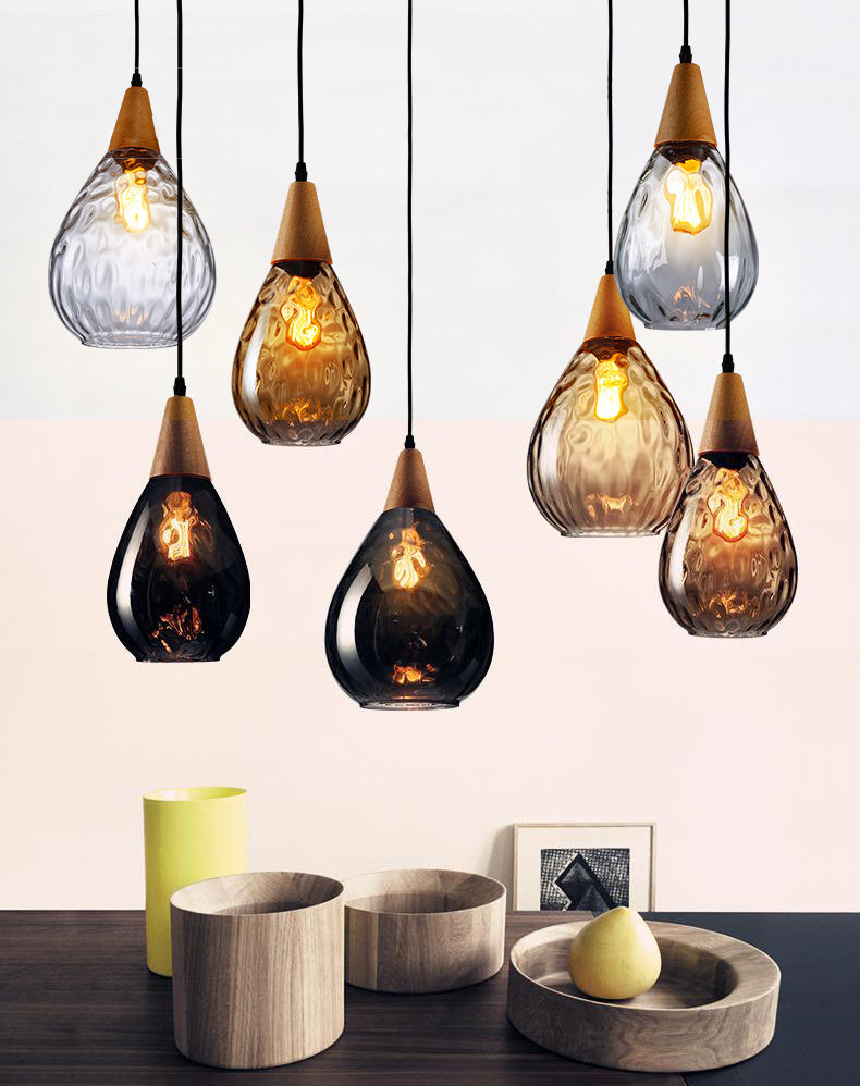 Cortique créatif moderne simple Cone en bois léger lampe suspendue avec une teinte en verre