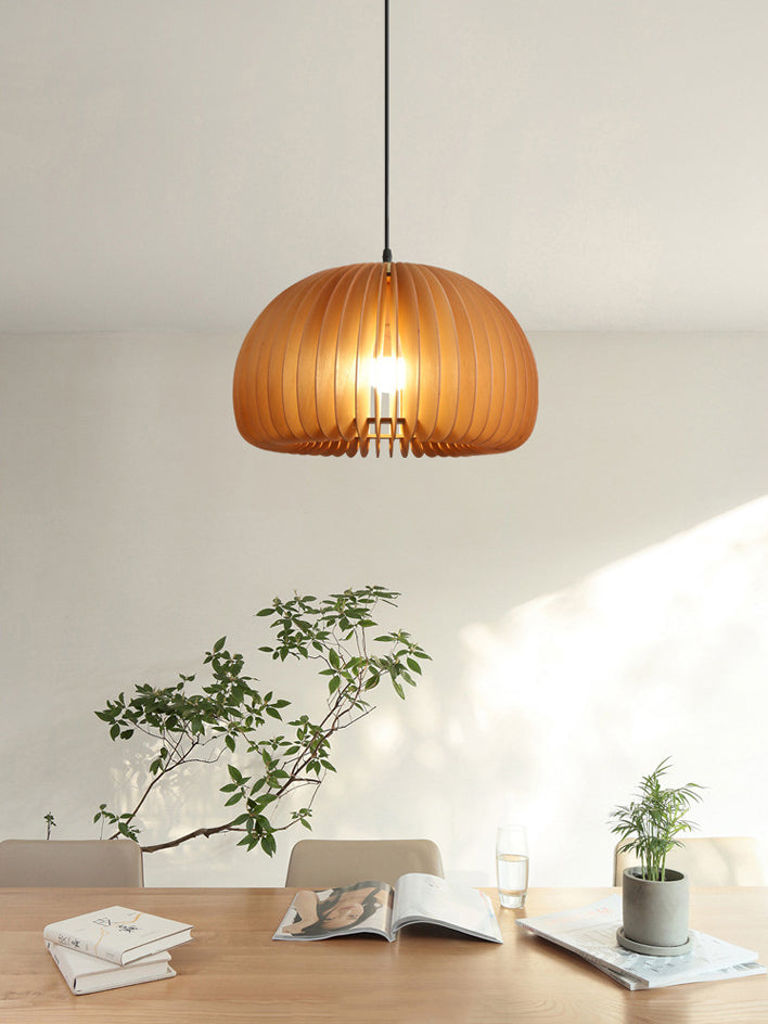 Pumpkin Ceiling Pendant Lamp Nordic Style Wood Dinning Room Suspension Pendant in Beige