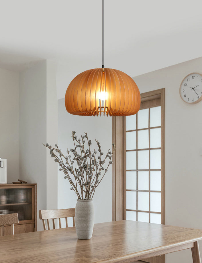 Pumpkin Ceiling Pendant Lamp Nordic Style Wood Dinning Room Suspension Pendant in Beige