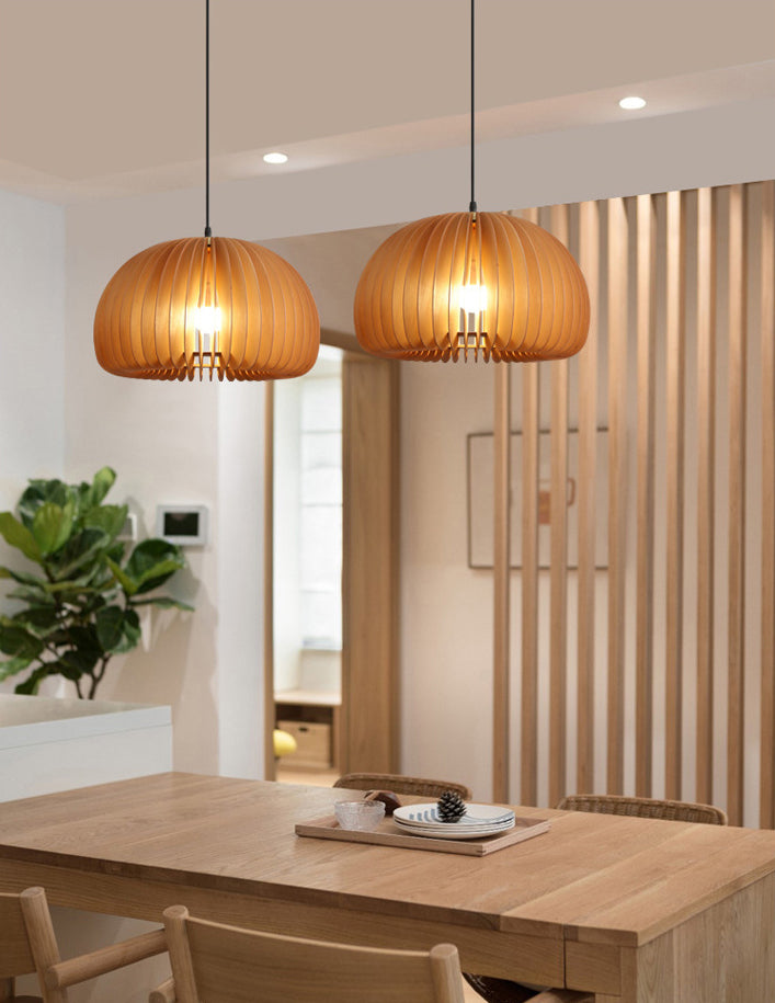 Pumpkin Ceiling Pendant Lamp Nordic Style Wood Dinning Room Suspension Pendant in Beige
