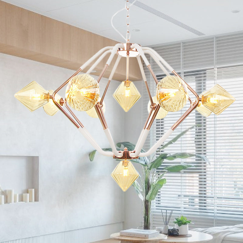 10 Lights Bedroom Chandelier Lighting Modern Rose Gold LED Hanging Ceiling Lamp with Diamond Amber Glass Shade
