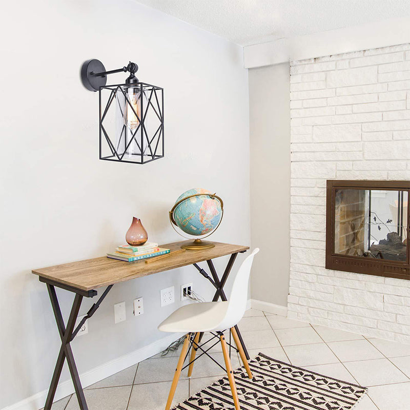 Black Caged Wall Lamp Industrial 1 Head Metal Wall Lighting with Inner Cylinder Clear Glass Shade, Direct Wired Electric/Plug In Electric