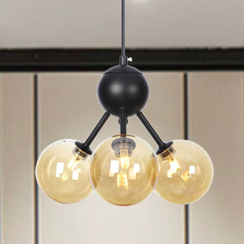 Amber Glass Globe Ceiling Chandelier Modernist 3 Heads LED Hanging Pendant Lamp in Black