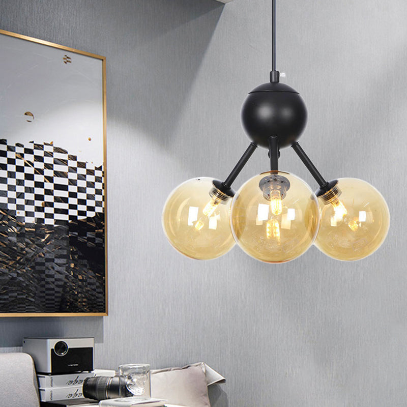 Amber Globe Globe Plafond lustre moderniste 3 têtes LED Pendent suspendu en noir