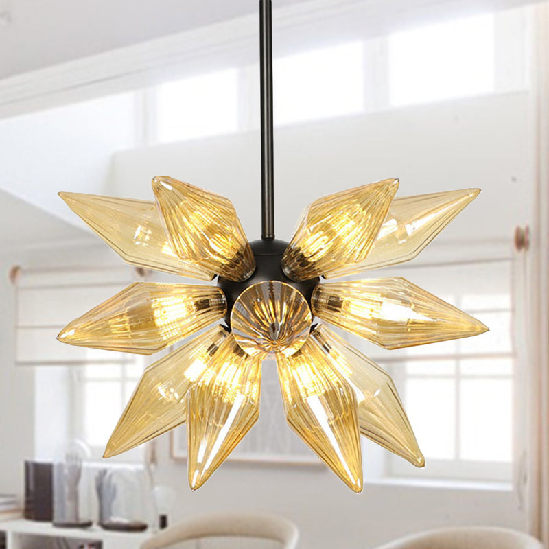 12 Bulbs Bedroom Chandelier Lighting Contemporary Black Hanging Ceiling Lamp with Diamond Amber Glass Shade