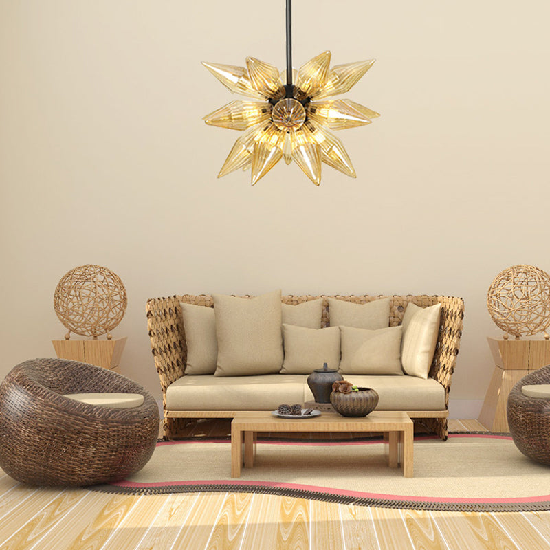 12 Bulbs Bedroom Chandelier Lighting Contemporary Black Hanging Ceiling Lamp with Diamond Amber Glass Shade