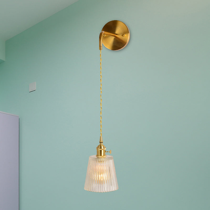 Gold 1 Head Wall Mounted Light Minimalism Clear Ribbed Glass Barrel/Bell/Drum Wall Lighting Fixture