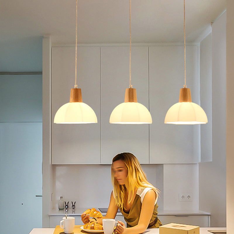 White Shaded Pendant Lighting Fixture Nordic Wooden Ceiling Pendant Light for Bedroom