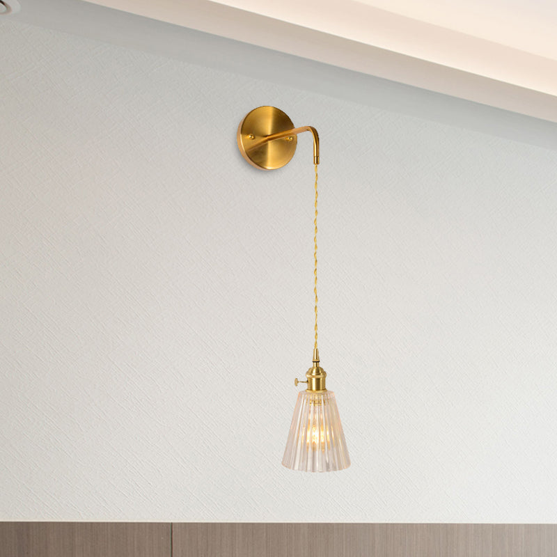 Gold 1 Head Wall Mounted Light Minimalism Clear Ribbed Glass Barrel/Bell/Drum Wall Lighting Fixture