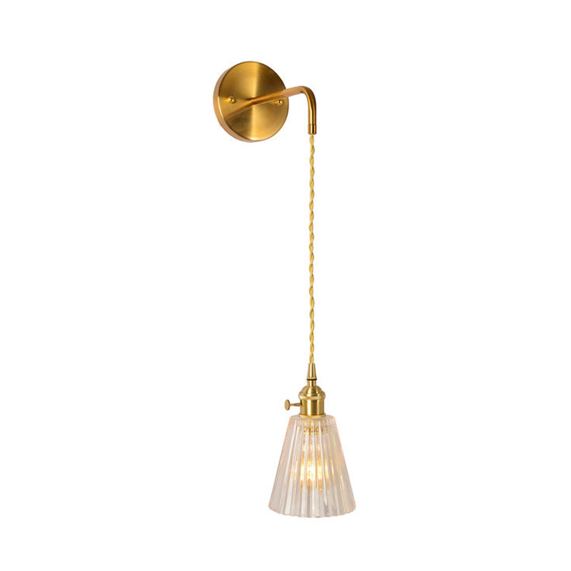 Gold 1 Head Wall Mounted Light Minimalism Clear Ribbed Glass Barrel/Bell/Drum Wall Lighting Fixture