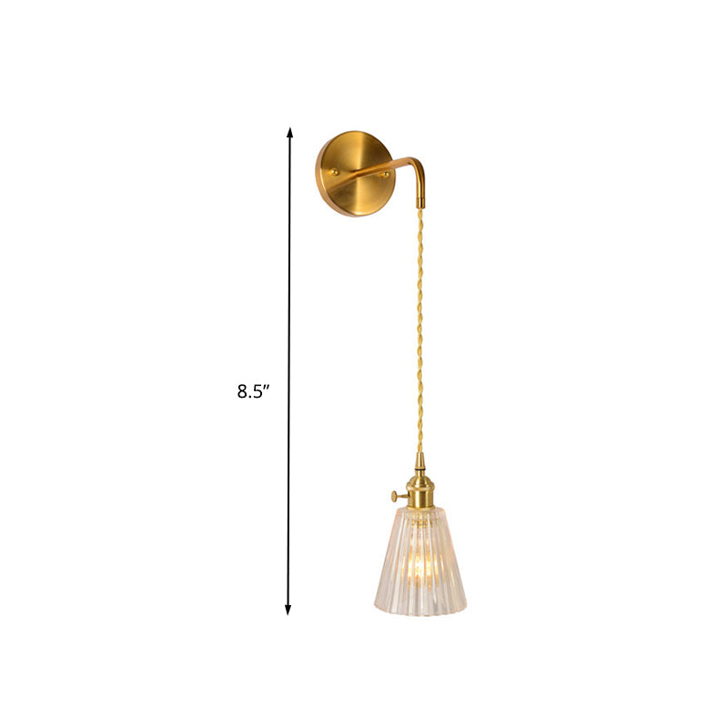 Gold 1 Head Wall Mounted Light Minimalism Clear Ribbed Glass Barrel/Bell/Drum Wall Lighting Fixture