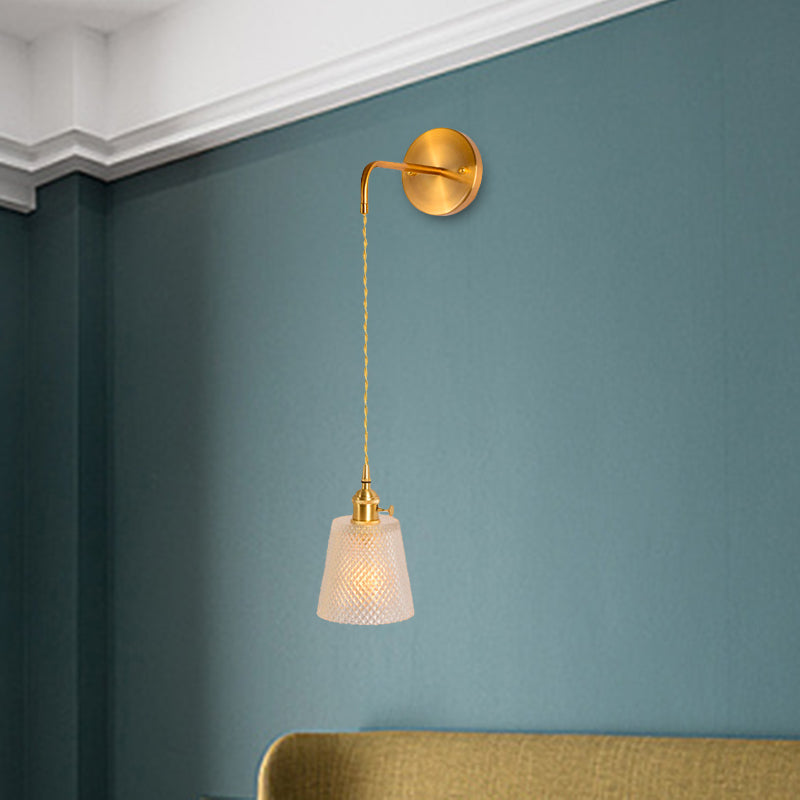Gold 1 Head Wall Mounted Light Minimalism Clear Ribbed Glass Barrel/Bell/Drum Wall Lighting Fixture