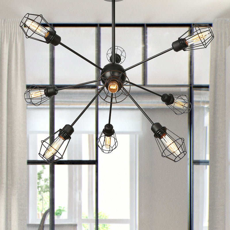 9/12/15 Lights Restaurant Chandelier Pendant Light Farmhouse Style Black Ceiling Lamp with Cage Metal Shade