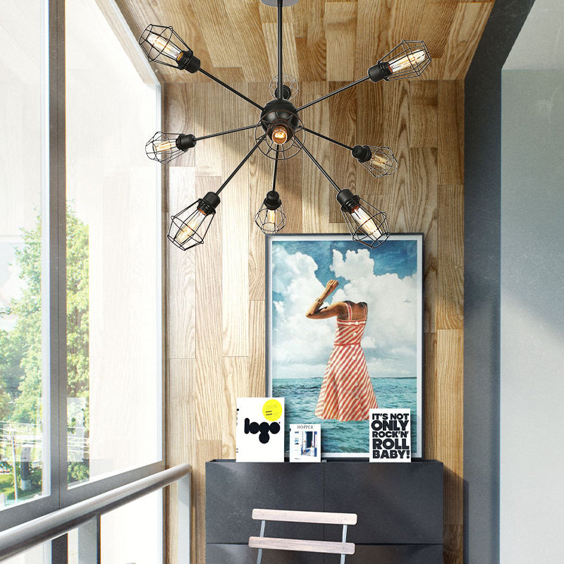 9/12/15 Lights Restaurant Chandelier Pendant Light Farmhouse Style Black Ceiling Lamp with Cage Metal Shade
