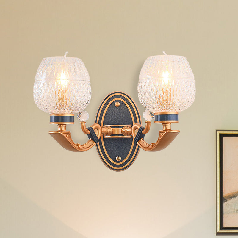Traditionalist Bowl Wall Sconce Light 1/2 Bulbs Lattice Glass LED Wall Mounted Lamp in Brass for Bedroom
