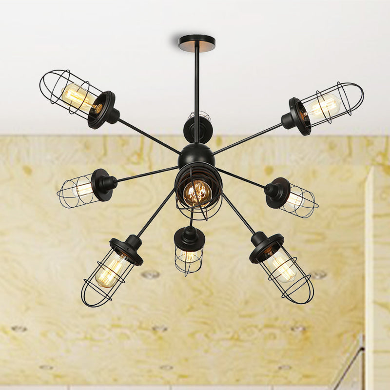 Caged Chandelier Lamp Farmhouse Style Iron 9/12/15 Lights Black Finish Hanging Ceiling Fixture with Sputnik Design
