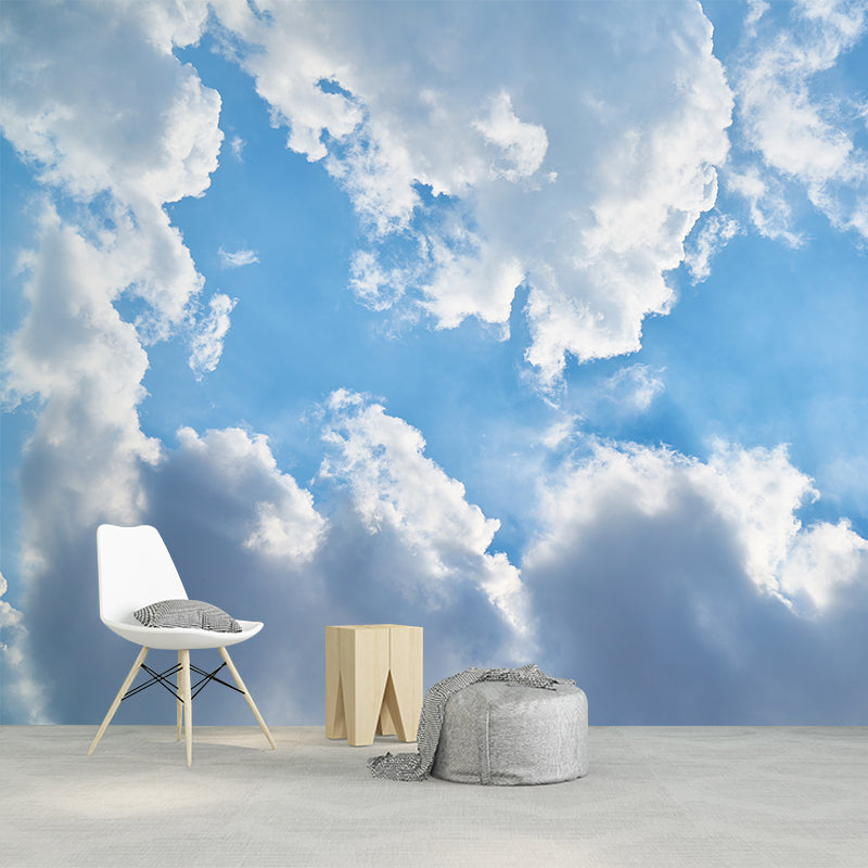 White Cloud and Blue Sky Mural Wallpape for Meeting Room Decor,Moisture Resistant