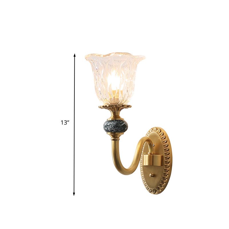 1/2 Heads Clear Glass Wall Sconce Vintage Brass Flower Bedroom LED Wall Mounted Lighting