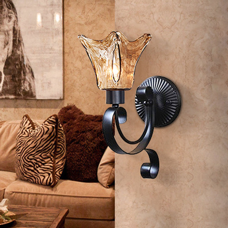 Bell Bedroom Sconce Light Retro Amber Glass Single Light LED Black Wall Mount Lighting, 15"/26" Tall