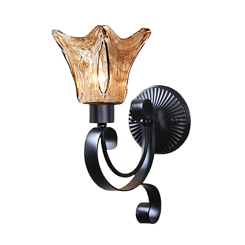 Bell Bedroom Sconce Light Retro Amber Glass Single Light LED Black Wall Mount Lighting, 15"/26" Tall