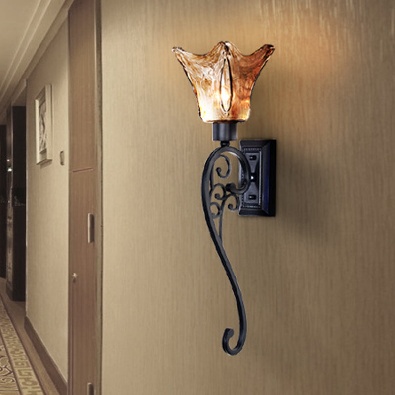 Bell Bedroom Sconce Light Retro Amber Glass Single Light LED Black Wall Mount Lighting, 15"/26" Tall