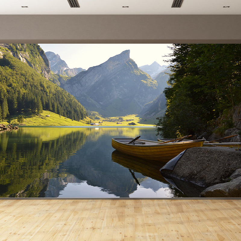 Contemporary Mountain and Lake Mural Horizontal Photography Wall Covering for Living Room