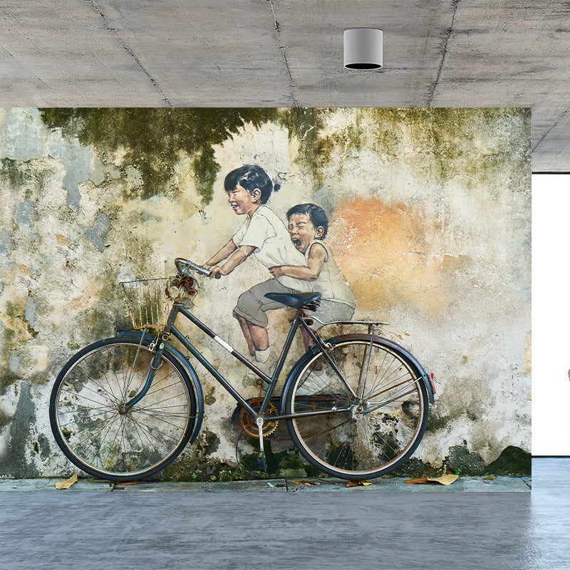 Soft Color Vintage Bicycle Wall Mural Decorative Wall Mural Stain Resistant for Living Room