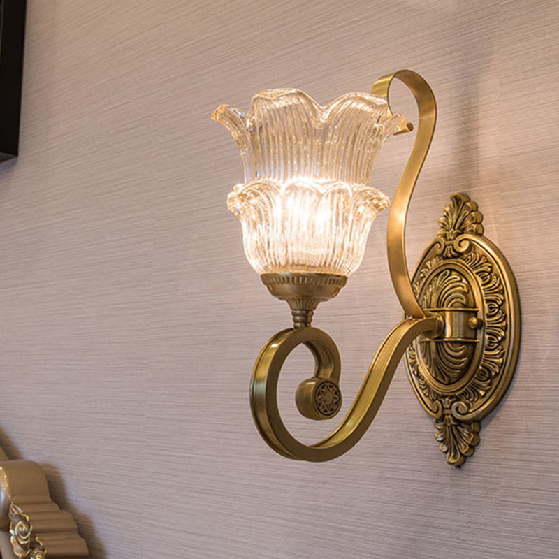Brass Floral Sconce Light Fixture Vintage Clear Prismatic Glass 1/2 Lights Living Room LED Wall Mounted Lamp