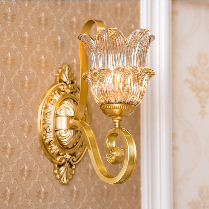 Brass Floral Sconce Light Fixture Vintage Clear Prismatic Glass 1/2 Lights Living Room LED Wall Mounted Lamp