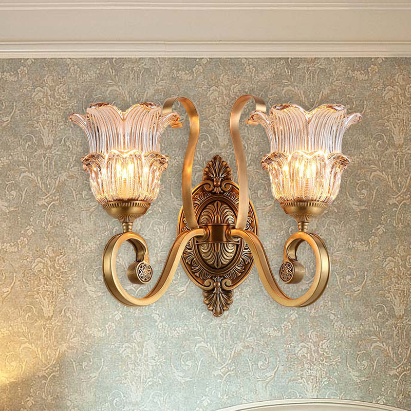 Brass Floral Sconce Light Fixture Vintage Clear Prismatic Glass 1/2 Lights Living Room LED Wall Mounted Lamp