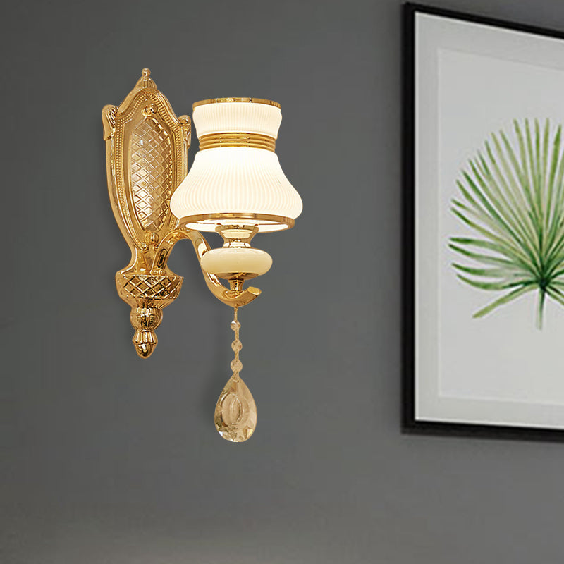 Opal Glass Bell Wall Light Retro 1/2 Bulbs Hallway LED Wall Sconce Lighting in Brass with Clear Crystal Drop