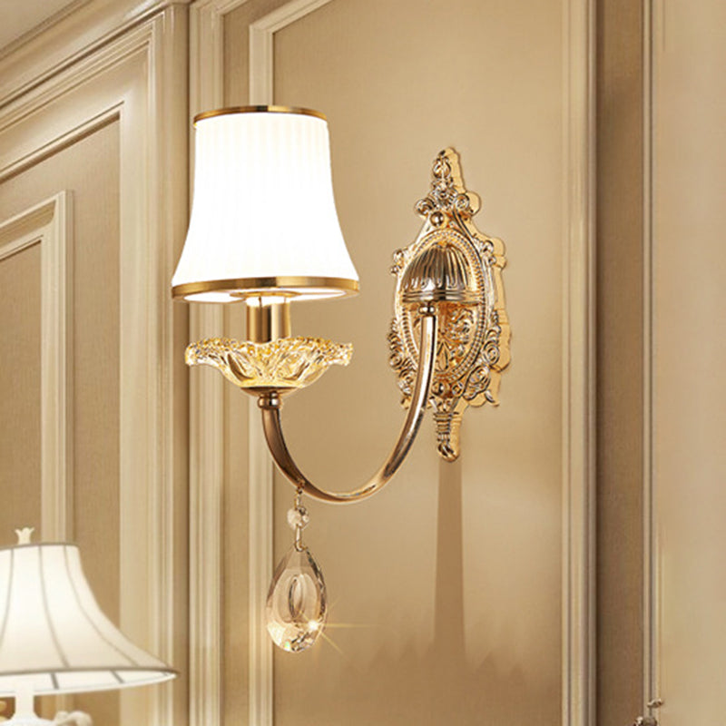 1/2-Light Flared Wall Light Sconce Traditionalism Brass Frosted White Glass Wall Lighting Fixture with Crystal Draping