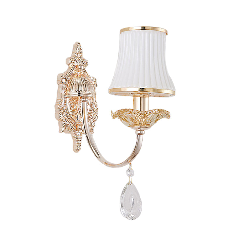 1/2-Light Flared Wall Light Sconce Traditionalism Brass Frosted White Glass Wall Lighting Fixture with Crystal Draping