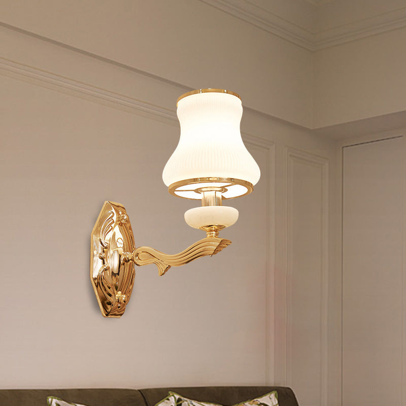 Bell Bedroom Wall Light Gifce Traditional Opal Grosted Glass 1/2 Bulbes Brass Wall Lampe With Clear Crystal Drop